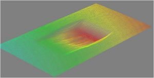 3D rendering of a surface (25 by 50 mm) worn away by abrasion