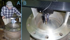 Inspection of valve interior walls with fiber-based optical probe mounted on a custom-built inspection station