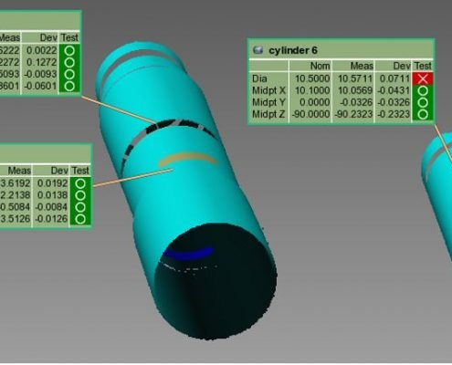 3D bore measurement data from an automated inspection of 4 bores in a valve body