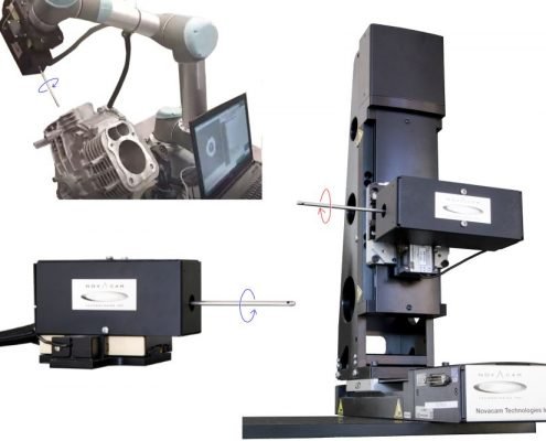 NOVACAM BOREINSPECT system obtains bore measurements in a wide range of industrial inspection applications and settings (bottom left: the rotational scanner RS2 on linear stage, top left: RS2 on a robotic arm, right: RS2 on a 3-axis inspection station, also called RS4)