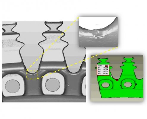 A chamfer defect is detected and measured on a fir-tree base of a jet engine turbine disk