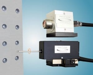 The RIVETINSPECT system comprises two non-contact inspection probes- rotational scanner (bottom) and galvo raster scanner (top) - to ensure complete high-precision inspection of the drill-and-fill riveting process.
