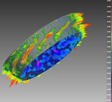 Chatter marks on the OD of conical section (b) of the nozzle needle tip (viewed with PolyWorks Inspector™)