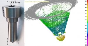 The conical inside tip of this 39-mm-long fuel injector nozzle was scanned from above with NOVACAM SURFACEINSPECT system, providing the shown 3D point cloud of measurements for analysis.