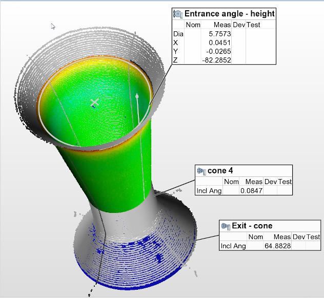 Tapered interior of precision wire-drawing die.  The acquired 3D point cloud can be automatically analyzed to measure included angles, lengths of different ID sections, roughness profiles, chatter, defects, etc.